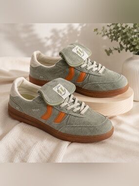 Coolway Suede Low Top Athletic Sneakers Gray/Orange Lace Up Hook & Loop Rubber 9